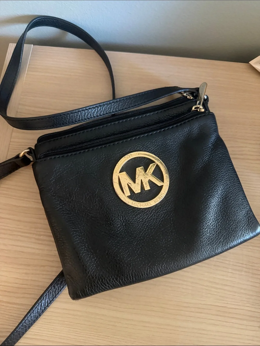 Michael Kors Black Leather Crossbody with Gold MK Emblem